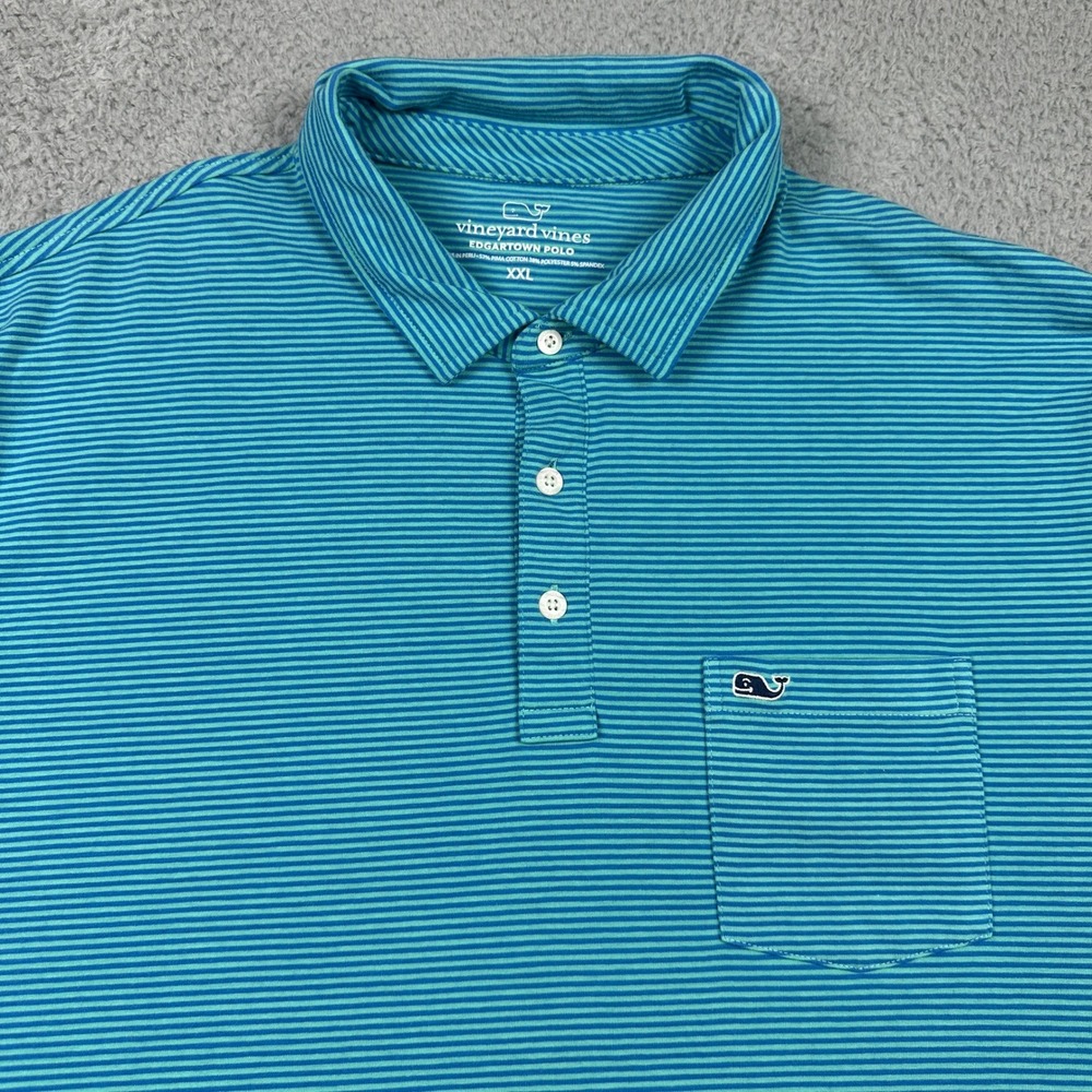 Vineyard Vines Edgartown Polo Mens XXL Blue Striped Pima Stretch‎ Pocket Preppy